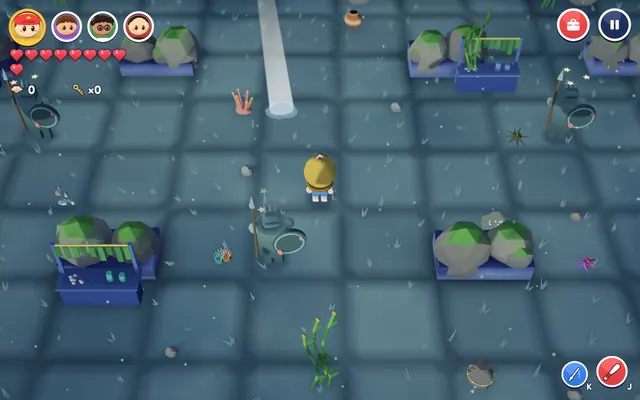 A kid in a brass dive helmet in the drowned city's market