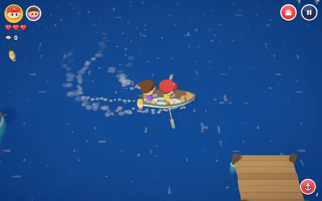 The kids' boat cutting across Lantern Bay near a small island and a dock